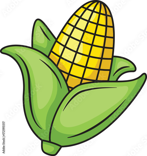 Cartoon corn on the cob with green husks