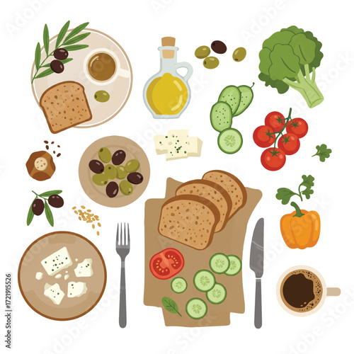 Nutritious Mediterranean Breakfast and Snack Spread with Fresh Vegetables, Olives, Feta Cheese, Olive Oil, and Coffee for a Healthy Lifestyle