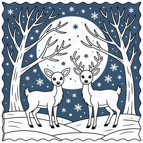 Two deer standing in a snowy forest under a large full moon with falling snowflakes fawn reindeer