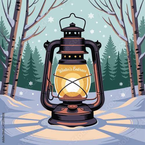 Vintage oil lantern glowing warmly in a snowy winter forest scene with falling snowflakes vintage lantern