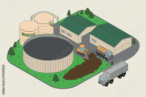 Industrial facility with large tank water purification plant and wastewater treatment process with truck and storage silos