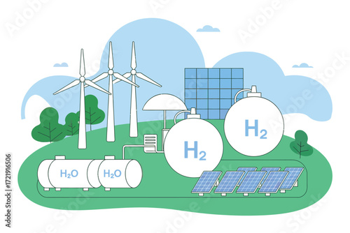 Renewable energy and green hydrogen production concept with wind turbines solar panels and storage tanks future fuel technology.
