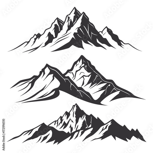 Three Black Silhouette Mountain Ranges with Sharp Peaks on White Background mountains summit
