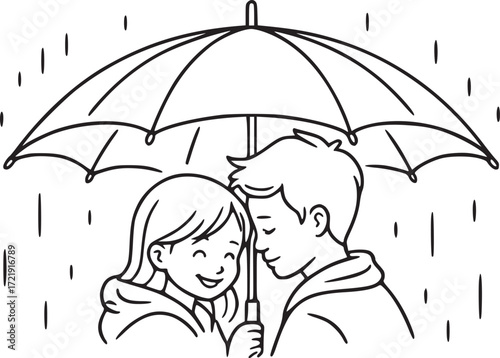 Love Under the Umbrella: A tender moment captured, a couple shares a heartfelt embrace, sheltered from the gentle rain beneath a solitary umbrella, epitomizing love and togetherness in monochrome.