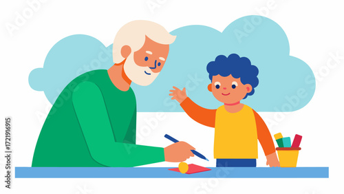 A child eagerly learns how to paint from their grandparent the simple act of mixing colors and creating shapes sparking memories of learning and playtime together.. Vector illustration