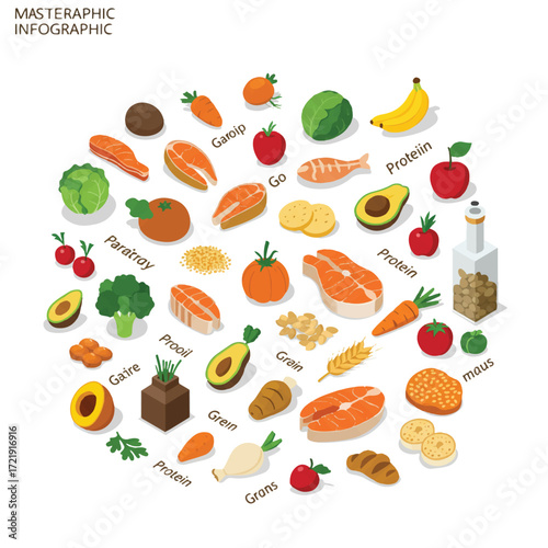 Isometric vector collection of nutritious food icons representing a balanced diet. Healthy eating essentials for a vibrant and active lifestyle