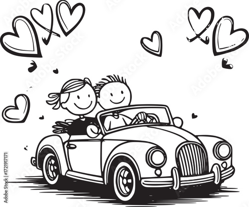 Romantic Drive: A charming hand-drawn illustration of a couple joyfully cruising in a vintage convertible, their hearts filled with love and the open road ahead.