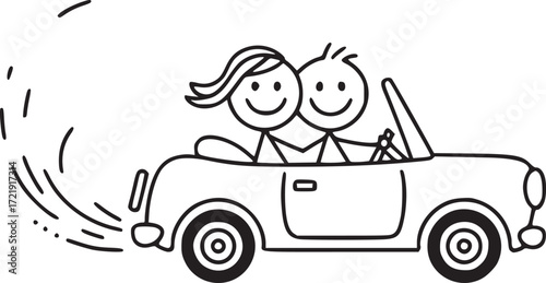 Joyride: Depicting a delightful stick-figure couple joyfully cruising in a convertible, an image brimming with cheerfulness and the spirit of travel and togetherness.