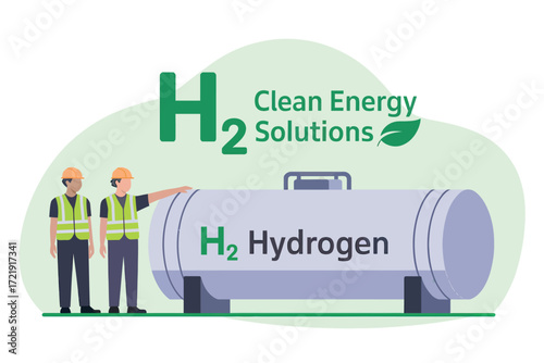 Clean hydrogen energy solutions featuring two workers standing next to a large h2 storage tank with green leaves