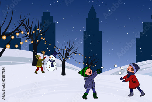 Cute winter illustration of children playing with snowballs in a festive Christmas setting.Cheerful and cozy New Year scene full of joy and holiday spirit