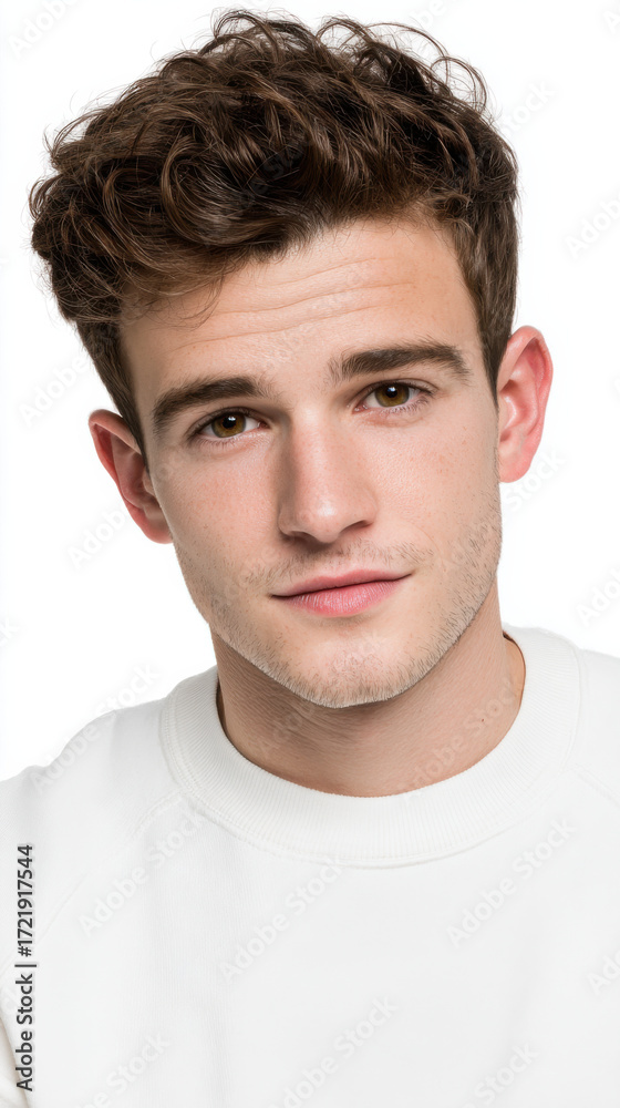 Fototapeta premium Young man with curly hair wearing a white sweater looking directly at the camera, captured against a plain background, displaying a confident expression