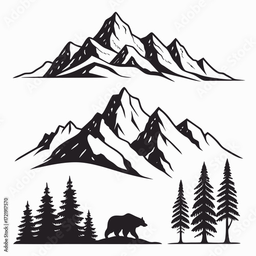 Two black silhouette mountain ranges with evergreen trees and a bear silhouette in the lower section