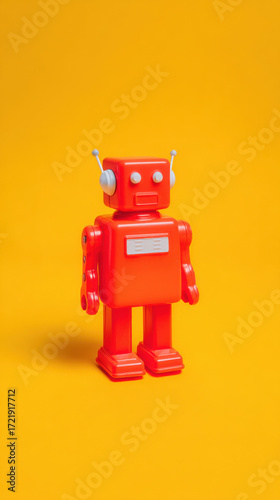 Bright red robot toy stands against a yellow background showcasing its vibrant color and playful design