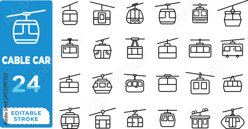 Cable car icon, gondola ski lift icon, ski lift vector, cableway outline symbol, gondola transport graphic, ski lift editable stroke, cable car flat icon transparent, ski lift gondola illustration, 