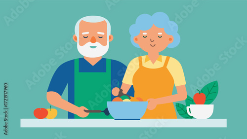 A photo of an elderly couple cooking together with the words Cooking Therapy Preparing meals that require focus and organization can improve brain function and reduce the risk of. Vector illustration