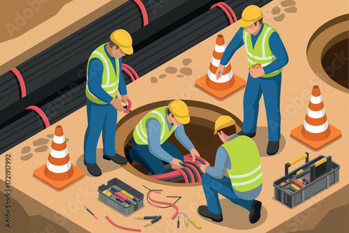 Construction workers in safety vests and hard hats perform repairs on a manhole cover in a city street with traffic cones and tools nearby