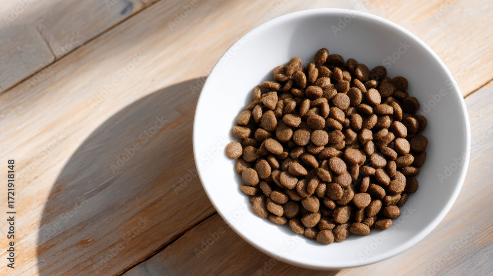 Fototapeta premium Healthy dry dog food kibble in white bowl. simple pet food meal with good nutrition placed on natural wood surface in bright sunlight