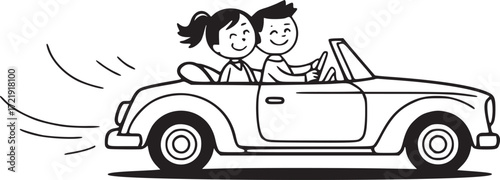 Joyride on the Open Road: A whimsical drawing depicts a couple's joyous convertible drive, a shared adventure on a sunny day.