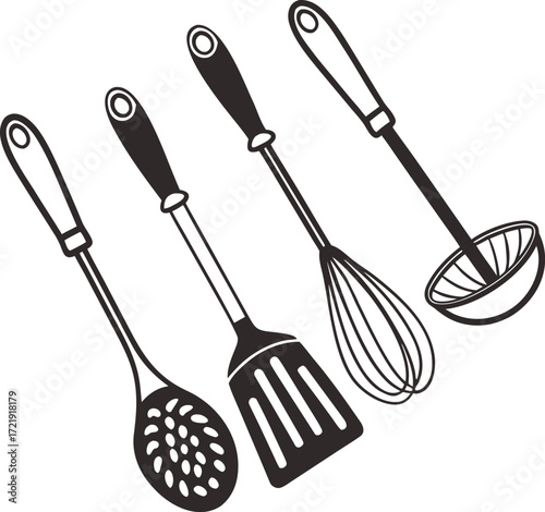 Black and white illustration of kitchen utensils cooking tools