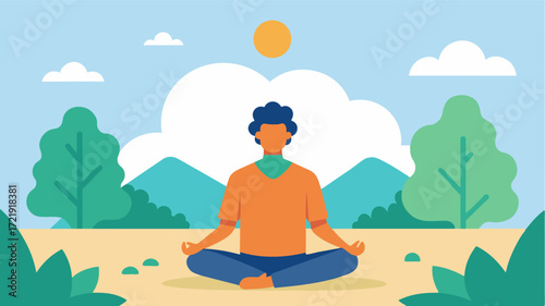 A picture of a person practicing mindfulness while surrounded by nature highlighting the benefits of spending time outdoors for stress reduction and improved brain function.. Vector illustration