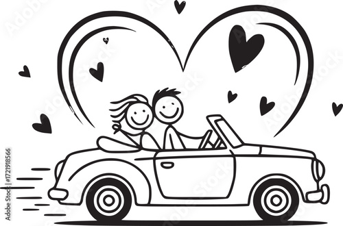 Love on the Open Road: A whimsical illustration captures a couple's romantic journey, driving a classic convertible with hearts encircling them, symbolizing their love and shared adventure.