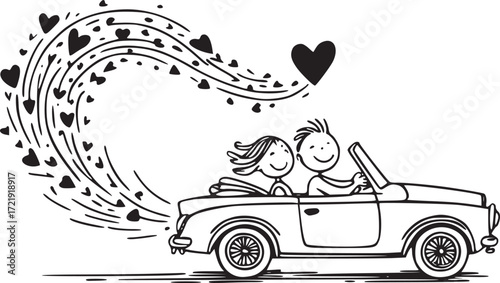 Romantic Journey: A whimsical illustration captures the essence of romance as a couple embarks on a journey in a classic convertible, their path adorned with a trail of hearts.