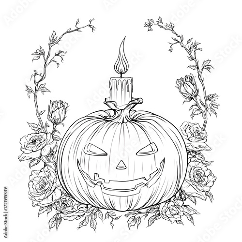 Halloween with candle inside, spooky line art coloring page,