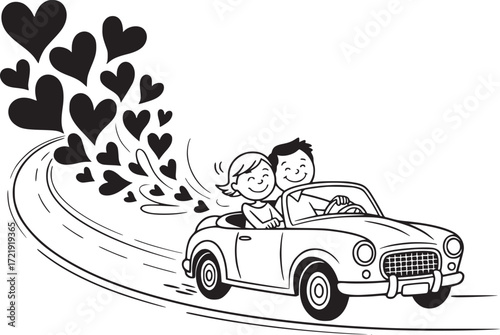 Love's Journey: A charming line art illustration depicts a couple embarking on a romantic road trip in a classic convertible, with a trail of hearts weaving through the air.