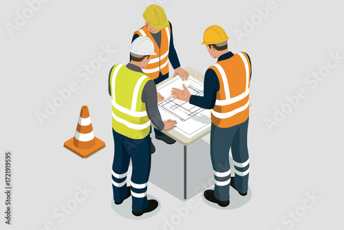 Construction workers collaborating on a project wearing safety vests and hard hats in a clear isometric scene with a traffic cone nearby