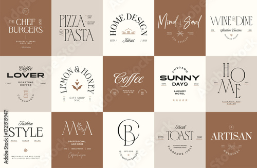 Minimal logo design collection. Logotypes for beauty, cosmetic brand, wedding agency, yoga studio, flower boutique, clothing stores brand identity.