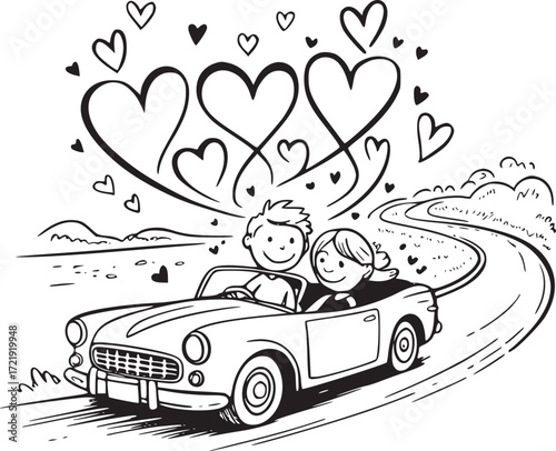 Journey of Love: A romantic illustration depicts a happy couple, cruising in a vintage convertible car on a winding road, surrounded by floating hearts, symbolizing their journey of love. 