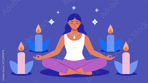 A person sitting in a peaceful yoga pose surrounded by crystals and candles symbolizing the use of alternative and holistic practices in promoting overall wellness.. Vector illustration