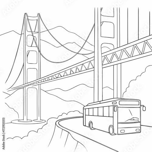 Illustration of a bus driving towards the golden gate bridge with mountains in the background, showcasing a scenic view and transportation