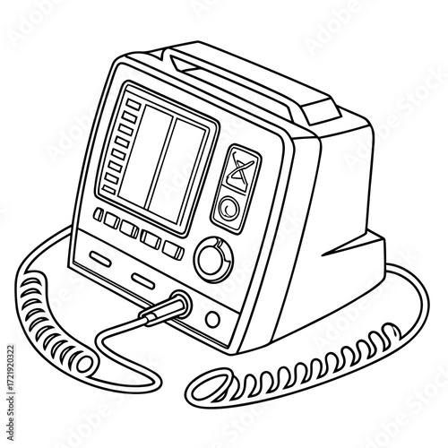 Illustration of a defibrillator, a lifesaving medical device used to restore a normal heart rhythm by delivering an electrical shock, often found in hospitals and ambulances