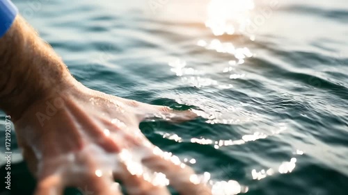 Close-up of a hand touching calm water, creating ripples with sunlight reflections.