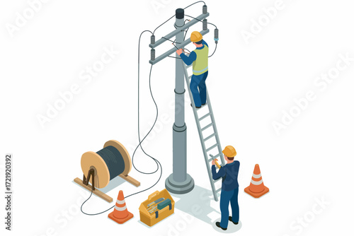 Power line workers repairing utility pole using ladder and equipment with safety cones and cable spool