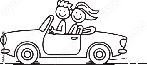 Joyride Cartoon: A cheerful couple embarks on a spirited journey in a classic convertible, a simple, joyful cartoon that captures the essence of freedom and fun.