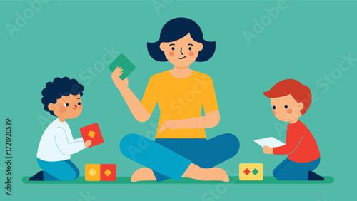 A parent using playbased ods like memory cards or matching games to help their child improve their memory recall skills.. Vector illustration