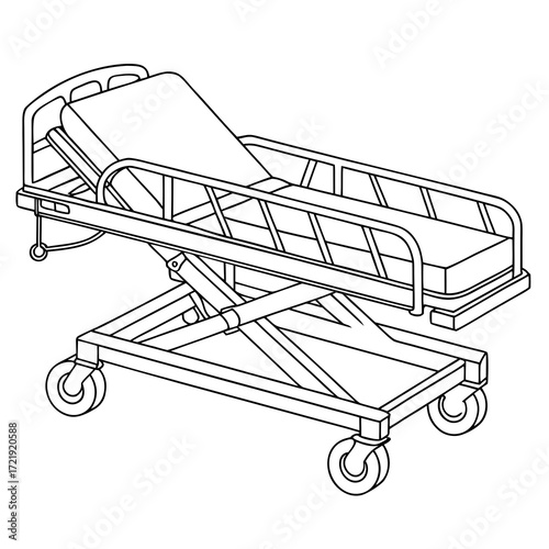 Illustration of a hospital bed or gurney, the bed is shown in a simple, black and white line drawing style, perfect for medical or healthcarerelated designs and illustrations