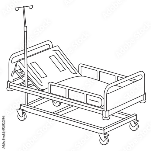 Illustration of a hospital bed, featuring adjustable settings, side rails, and an iv pole, commonly used in healthcare facilities for patient care and recovery, line art