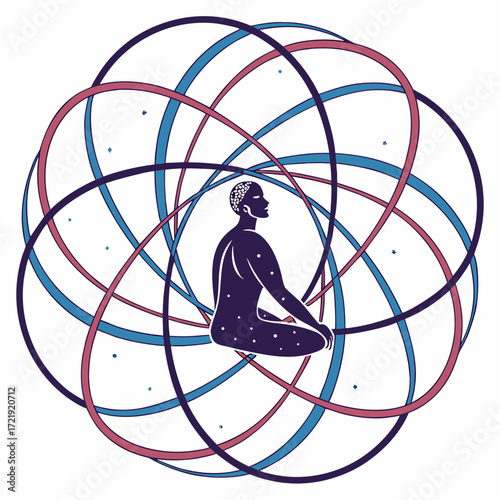 Illustration of a person in a meditative pose surrounded by intersecting circles, the circles are in shades of blue, pink, and purple, creating a sense of harmony and balance
