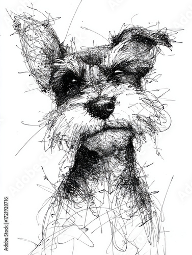 Sketch of a dog with an expressive face created using fine lines and intricate detail, showcasing the character of a schnauzer breed