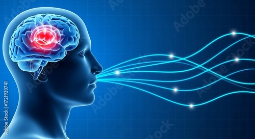 Brain, thinking, memory. Head profile emitting thought streams. Conceptual digital visualization for science, medicine, or education use.