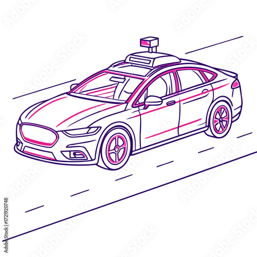 Illustration of a selfdriving car on a road, showcasing autonomous vehicle technology and future transportation concepts, the design emphasizes the cars sensors and automated systems