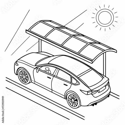 Illustration of an electric car charging under a solar carport on a sunny day, showcasing sustainable energy and ecofriendly transportation, line art