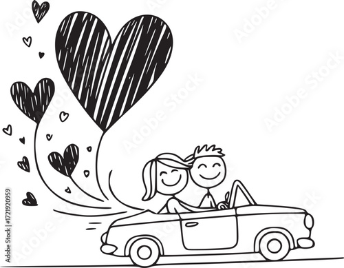Love on the Road: A delightful illustration of a couple, embarking on a journey in a classic convertible, their hearts soaring with love and anticipation.