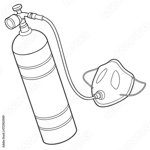 Illustration of an oxygen tank connected to an oxygen mask, the tank is upright and the mask is positioned to the right, connected by a tube the style is simple and clean
