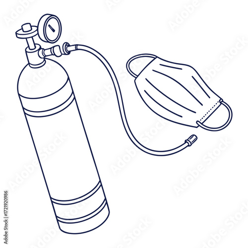Illustration of an oxygen tank connected to a surgical mask, the tank is upright and the mask is positioned to the right, connected by a tube the style is simple and clean