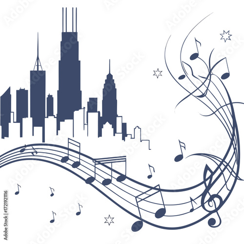 Vector art of a captivating illustration showcases a vibrant cityscape silhouette harmoniously intertwined with flowing musical notes, creating a symphony of urban energy and melodic expression