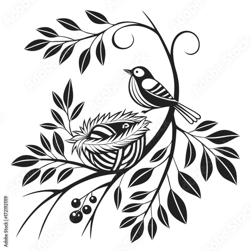 Black and white illustration of a bird on a branch with a nest and chicks in a tree on a white background Keywords: bird, nest, chicks, baby bird, tree, branch, leaves, nature, wildlife, animal